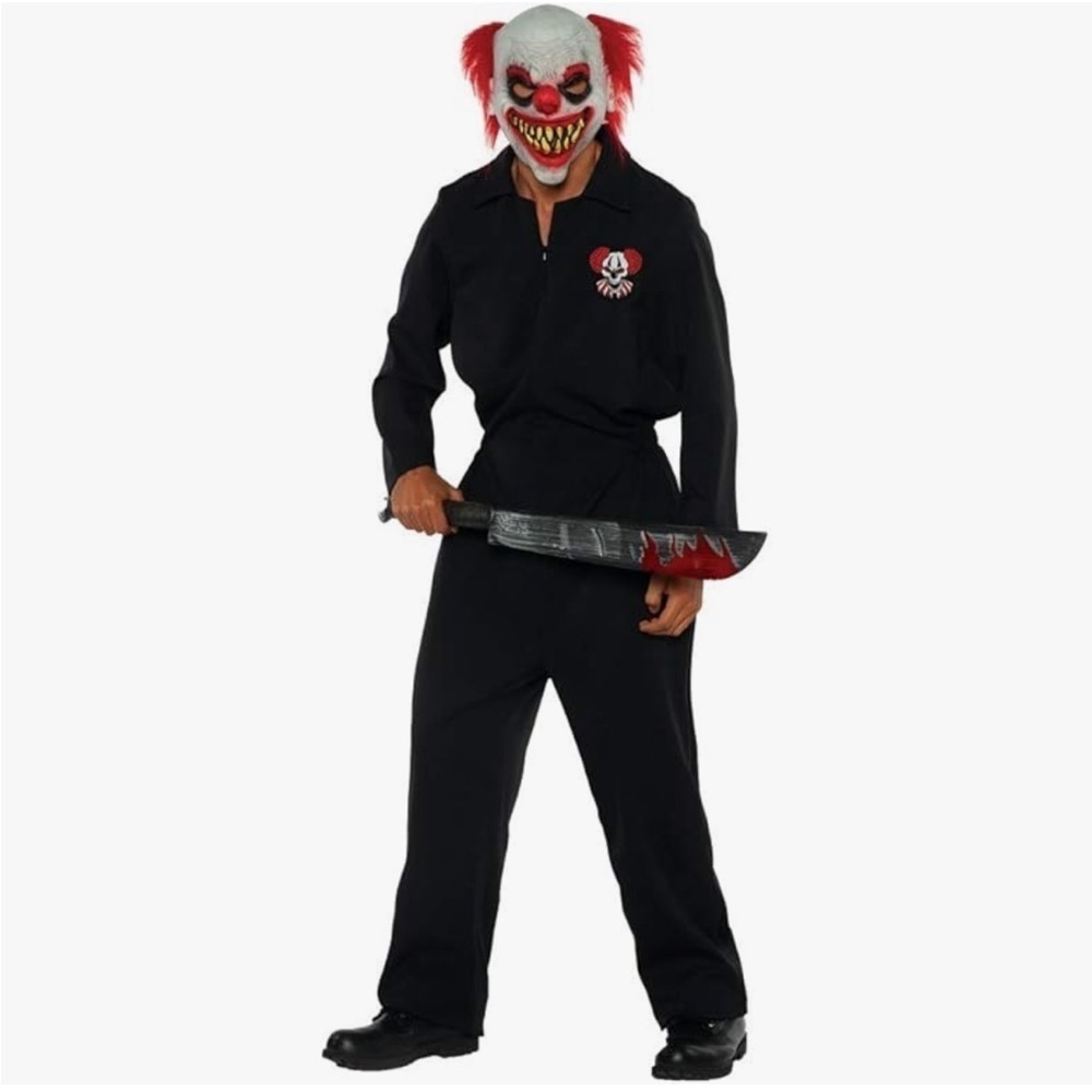 Mens Halloween clown costume jumpsuit XXL and altered anatomy latex mask